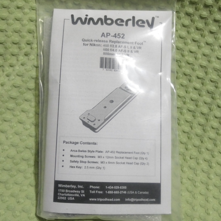 Wimberley(ウィンバリー) アダプタープレート AP-452新品未使用 NIKON AFS 400mm f2.8VR,600mm F4 VR,800mm F5.6 VR用