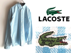 LACOSTE ラコステ CH107E コットン100％ 襟内側/前立裏シャンブレー切替 ギンガムチェック柄 ボタンダウン BDシャツ 3 水色 白 国内正規品