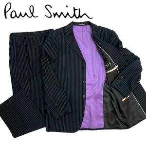 美品!!イタリア製 Paul Smith ポールスミス ロンドン superissimo150's ウール100% ストライプ ネイビー 3B シングルスーツ セットアップ 