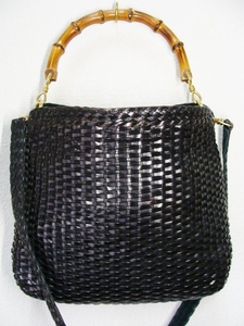 GUCCI Gucci * leather leather mesh figured knitting bamboo steering wheel 2WAY shoulder handbag bag 