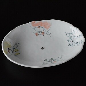 Art hand Auction बड़ी प्लेट हाथ से पेंट की गई बिल्ली अंडाकार सर्विंग प्लेट, जापानी टेबलवेयर, व्यंजन, थाली