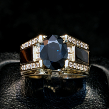 F2190 美しい大粒ブルーサファイア&天然上質ダイヤモンド 最高級14金無垢メンズリング サイズ16.5 重量10.0g 縦幅12.6ｍｍ_画像1