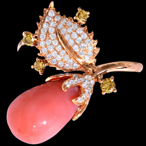 A7569 天然珊瑚８．０mm 天然上質ダイヤモンド０．３６ｃｔ 最高級18金ピンクゴールドリング 新品