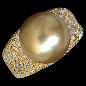 A5386 美しい大粒ゴールデン系パール１１．８mm 天然絶品ダイヤモンド１．００ct 最高級18金無垢リング