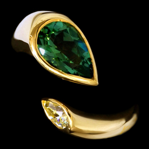 A2583【KAZAN】美しいグリーントルマリン １．２１６ct 天然絶品イエローダイヤモンド０．２２ct 最高級18金無垢リング
