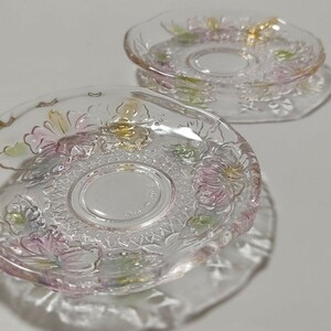 昭和レトロ ガラス皿 花 ハイビスカス 小皿 デザート ピンク 食器 2枚セット