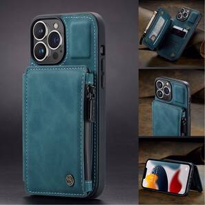 iPhone 13 pro レザーケース iPhone13 pro カバー アイフォン13 プロ ケース 背面 ファスナーポケット付き カード収納 ブルー