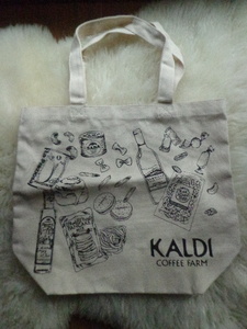 未使用 KALDI COFFEE FARM カルディ パスタ ワイン サバ缶 食材デザイン柄 トートバッグ エコバッグ ショッピングバッグ