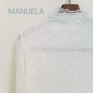 MANUELA マニュエラ シアーシャツ ブラウス 花柄 刺繍 フリル襟 トップス 長袖 レディース 白 ナイロン90% 綿10% m338