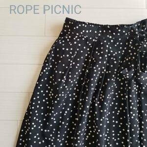 ROPE' PICNIC ロペピクニック 水玉 スカート ドット ミモレ丈 裏地 ウエストゴム リボン ハイウエスト ナチュラル ブラック サイズ38 ｍ405