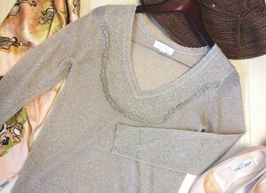 B560* Jill Stuart JILL STUART silver lady's tops pull over knitted V neck long sleeve cut and sewn shirt thin 