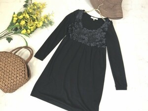 d269* Chesty Chesty. flower motif One-piece cut and sewn lady's pull over black flower floral print 