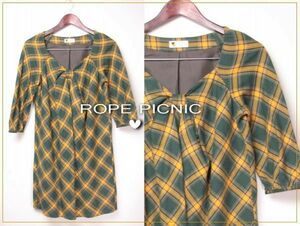 B085☆ ロぺピクニック ROPE' PICNIC チェック柄 コットン ワンピース レディース 五分袖 チュニック ビタミンカラー マスタード