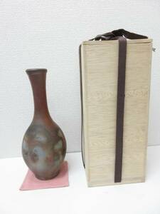 未使用品■備前焼 松園 鶴首花入 花瓶 花生 花器 木箱　管理1703 C-9