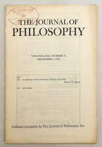 【洋書】 哲学ジャーナル 『The journal of philosophy』71(21)('74) ●別刷 (In defense of the coherence theory of truth) 真理の整合説