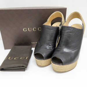 質イコー [グッチ] GUCCI ウェッジソール サンダル レザー ストロー 黒 370498 37.5 約24cm相当 中古