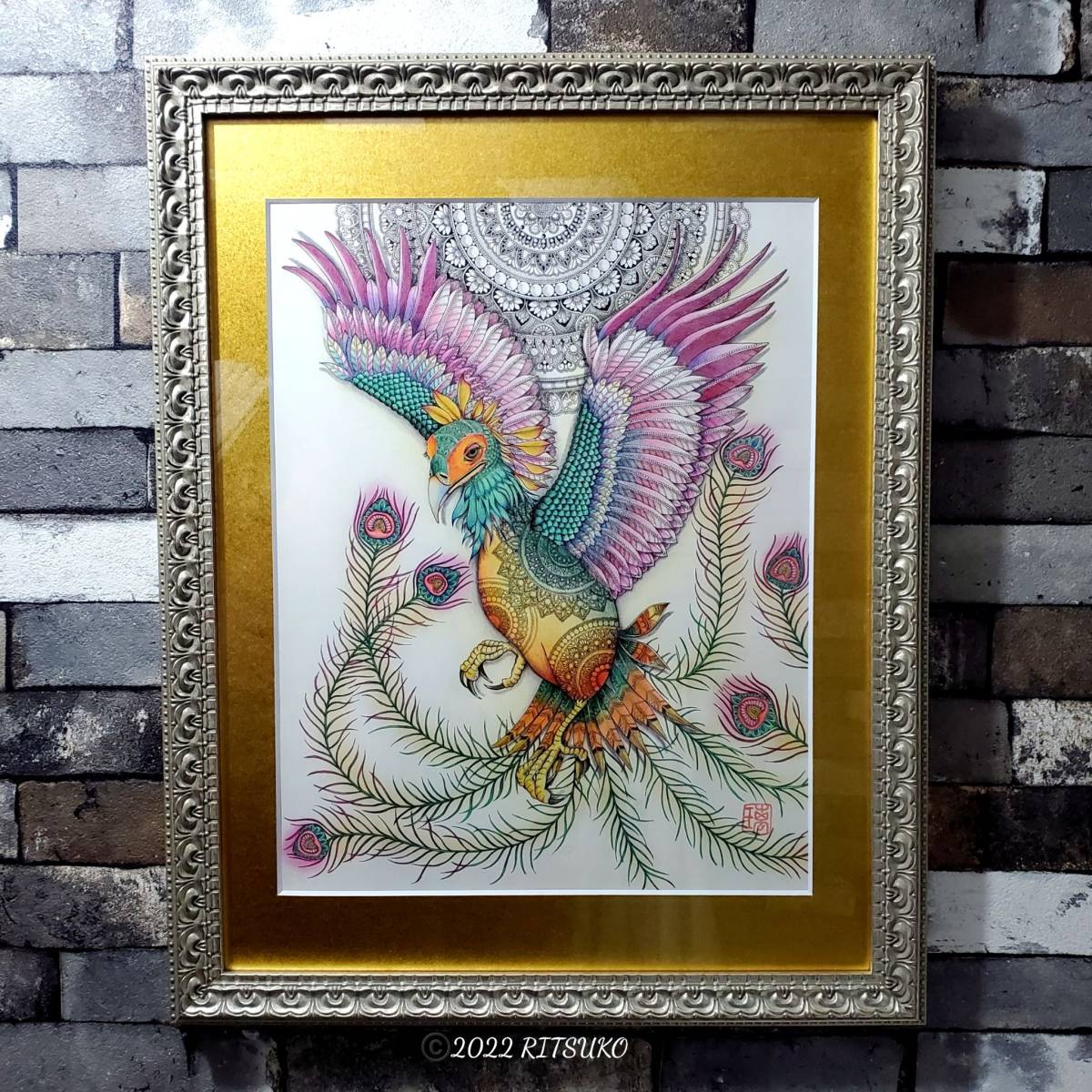Good luck, original painting, one of a kind, ballpoint pen art, framed, colored pencil drawing, ballpoint pen drawing, Japanese artist, hand-painted, painting, picture, art, Firebird, Phoenix, luxuriously framed, Artwork, Painting, others