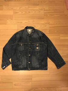 良品☆Carhartt／カーハート　希少サイズ3X-L・メンズ4L超大き目　USED加工デニムジャケット Gジャン型.カバーオールカフス ワーク3本針縫