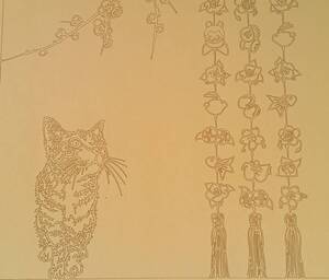 Art hand Auction 猫と梅花 ! 切り絵原画制作セット･縁起物作品展にどうぞ!, 美術品, 絵画, はり絵, きり絵