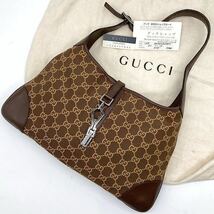 1円〜 美品 GUCCI グッチ ハンドバッグ ジャッキー GG シマ ホースビット シルバー金具 ブラウン 茶色 ロゴ 刻印 レザー ギャランティ付き_画像1