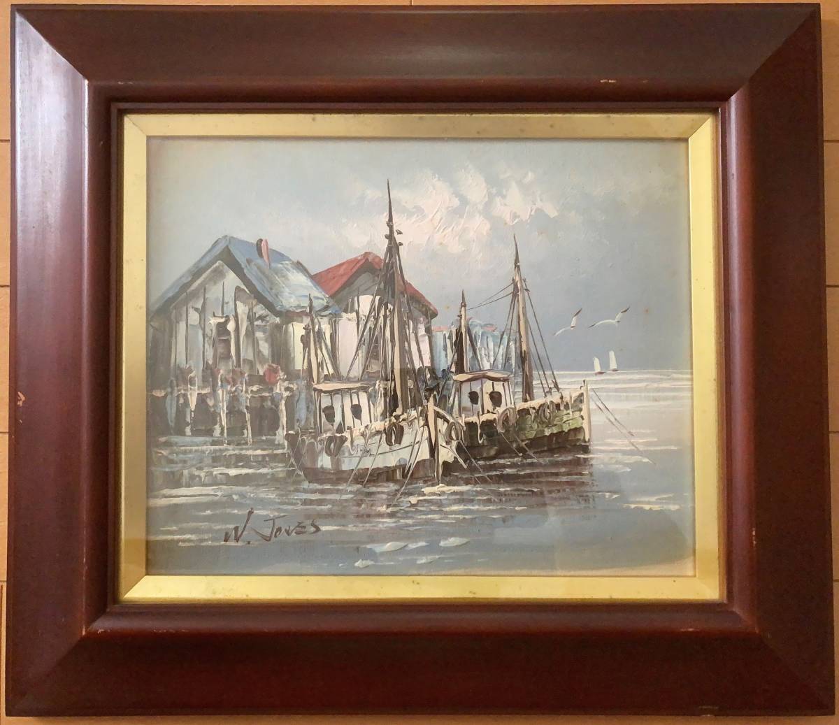 Auténtica pintura al óleo W.Jones artista británico Barco de puerto pesquero F3 (273 x 220 mm), cuadro, pintura al óleo, Naturaleza, Pintura de paisaje