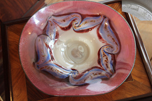 作家サイン【ピンクガラス コンポート】アートガラス カーニバルグラス フラワーベース 水盤