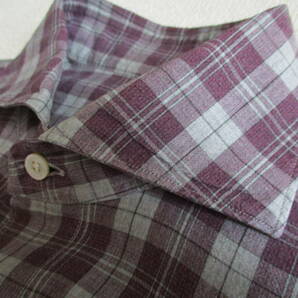 イタリア製★ 40 フィナモレ★ 長袖チェックドレスシャツ★ グレー×パープル ワイドカラーの画像3