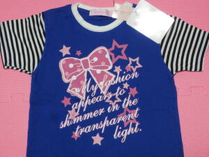  new goods 120 sleeve border short sleeves T-shirt blue cotton 100% pink dot ribbon star pattern English britain character print girl summer thing child care . kindergarten 110cm~ free shipping 