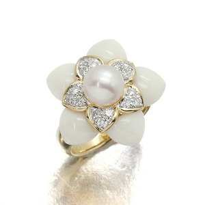 K18yg Pearl Diamond Calcedney Кольцо № 13 D0.41CT Желтое золото 750