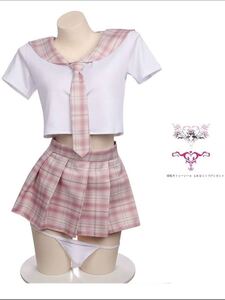 コスプレ セクシー セーラー服 半袖 制服 フリーサイズ 4点セート 半袖トップス・ミニスカート・Tパック .ネクタイ (ピンク)