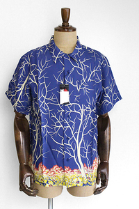 ★新品★MASSES マシス◆オープンカラーシャツ ブルー S (定￥25300) RAYON PRINT SHIRT 総柄 半袖 アロハシャツ◆WX15