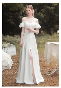 H002 high class satin wedding dress long dress dress off shoulder slit white bride wedding presentation Mai pcs photographing veil glove attaching 