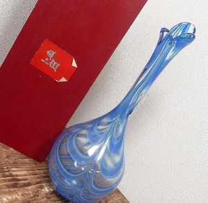 (☆BM)【感謝特別価格】昭和レトロ アンティーク KAMEI GLASS/カメイガラス 高さ48㎝ ブルー 青 マーブル 鶴首 花瓶 フラワーベース