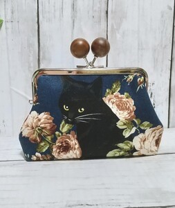 猫 薔薇と黒猫 紺 あめ玉 ウッド 角型 親子がま口 お財布ポーチ お値下げ