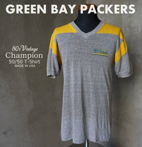 80s ヴィンテージ USA製 チャンピオン Champion トリコタグ 霜降り グレー×黄色 Packers 綿ポリ 50/50 Vネック 半袖 T シャツ 表記L M相当