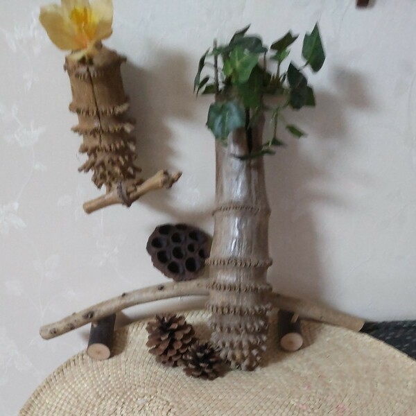 ハンドメイド竹花器、雰囲気有り(*^^*)の花器セット、全てセット込み