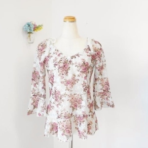  L'Est Rose LEST ROSE M 7 minute sleeve blouse chu-ru light blue rose rose frill tops 