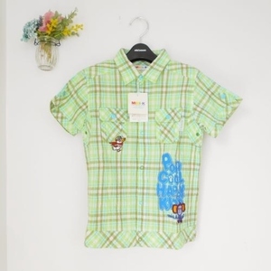  tag equipped Mini K Mini ke- Narumi ya Kids man 130cm short sleeves shirt white green blue check print badge attaching tops 