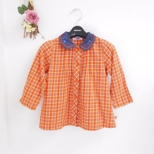  Miki House MIKIHOUSE 100cm Kids girl blouse orange check . collar Denim floral print embroidery tops 