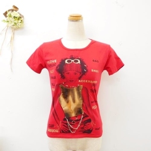 MA*GEL*LAN lady's short sleeves T-shirt girl girl print patchwork chain accent attaching lame entering red red to