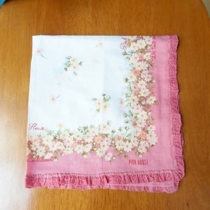  Pink House PINKHOUSE pretty handkerchie 47.5×47.5 square white pink floral print . taking . frill 