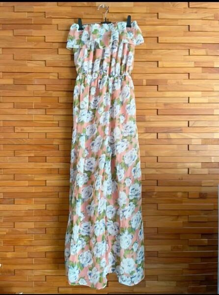 花柄シフォン ベアトップ オールインワン サーモンピンク