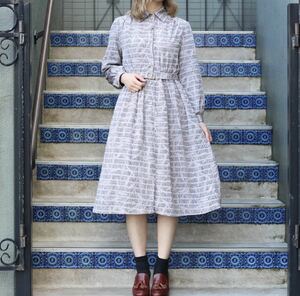 RETRO VINTAGE RETRO PATTERNED BELTED ONE PIECE/レトロ古着レトロ柄ベルテッドワンピース