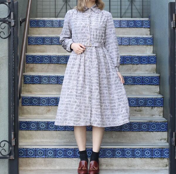 RETRO VINTAGE RETRO PATTERNED BELTED ONE PIECE/レトロ古着レトロ柄ベルテッドワンピース