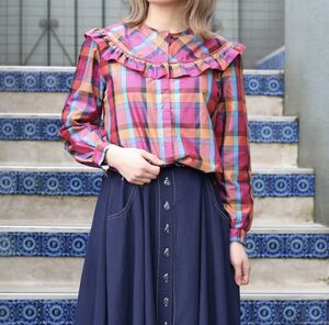 RETRO VINTAGE CHECK PATTERNED FRILL DESIGN LONG SLEEVE BLOUSE/レトロ古着チェック柄フリルデザイン長袖ブラウス