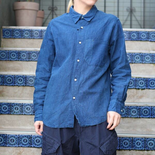 FRENCH ANTIQUE LINEN REMAKE OVER DIE DESIGN SHIRT/フランスアンティークリネンリメイクオーバーダイデザインシャツ(藍染)(メンズ)