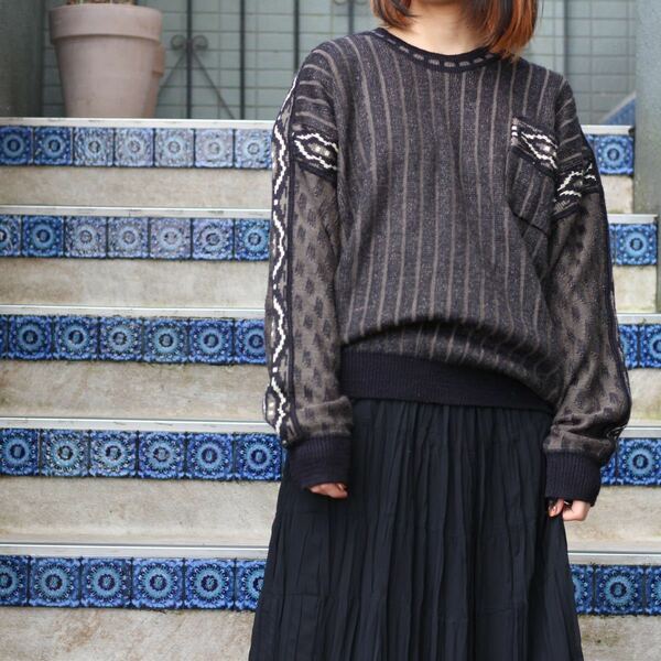 RETRO VINTAGE PATTERNED DESIGN KNIT/レトロ古着柄切り替えデザインニット