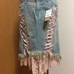 チュールレース 花柄 編み上げ デニムスカート