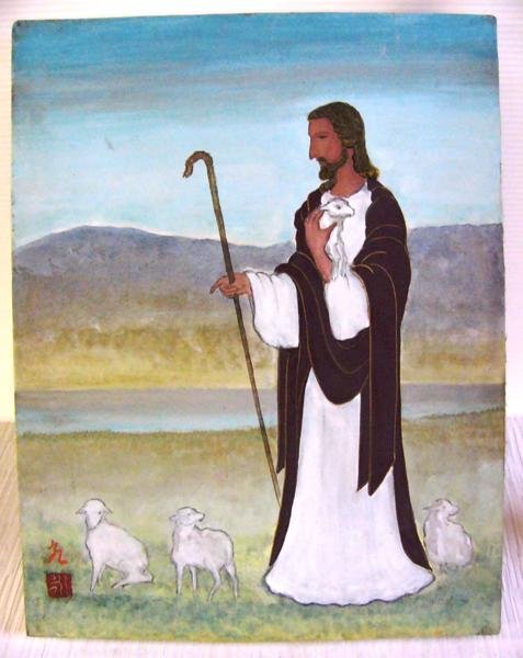 枠付き 寺西永次 ｢羊飼いキリスト｣ F6【S121】, 絵画, 水彩, その他