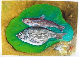 Art hand Auction لوح كاتاجيري يوشي معبأ بالأسماك والأوراق F4 [S148], تلوين, ألوان مائية, باق على قيد الحياة